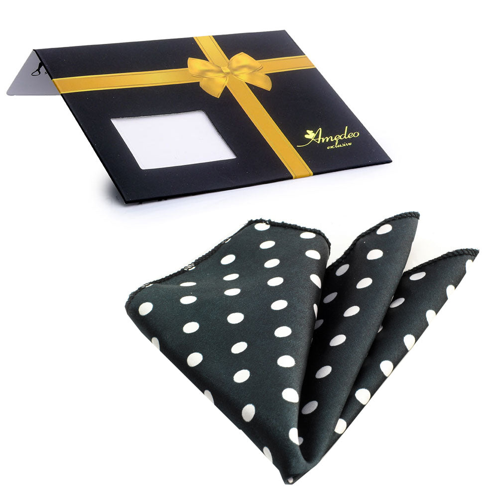 Men's Black White Dots Pocket Square Hanky Handkerchief - Amedeo Exclusive