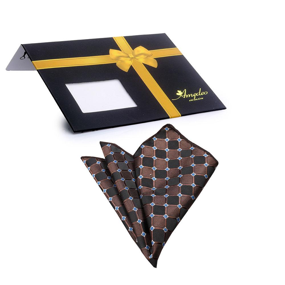 Men's Black Brown Blue Squares Pocket Square Hanky Handkerchief - Amedeo Exclusive