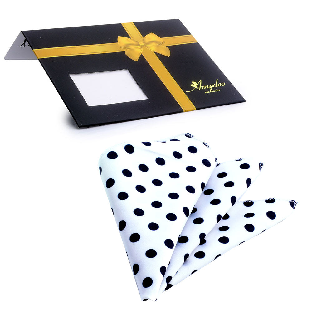 Men's White With Big Black Dots Pocket Square Hanky Handkerchief - Amedeo Exclusive