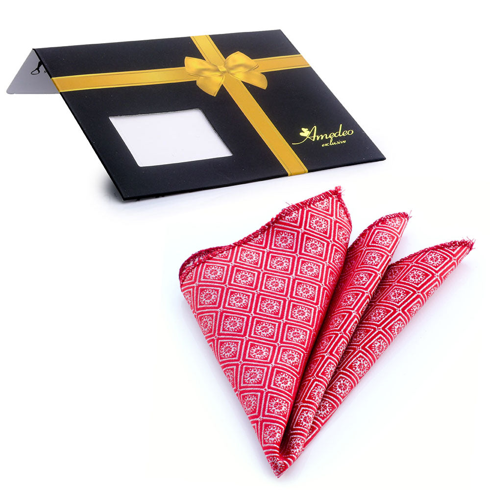 Men's Red With Silver Design Pocket Square Hanky Handkerchief - Amedeo Exclusive