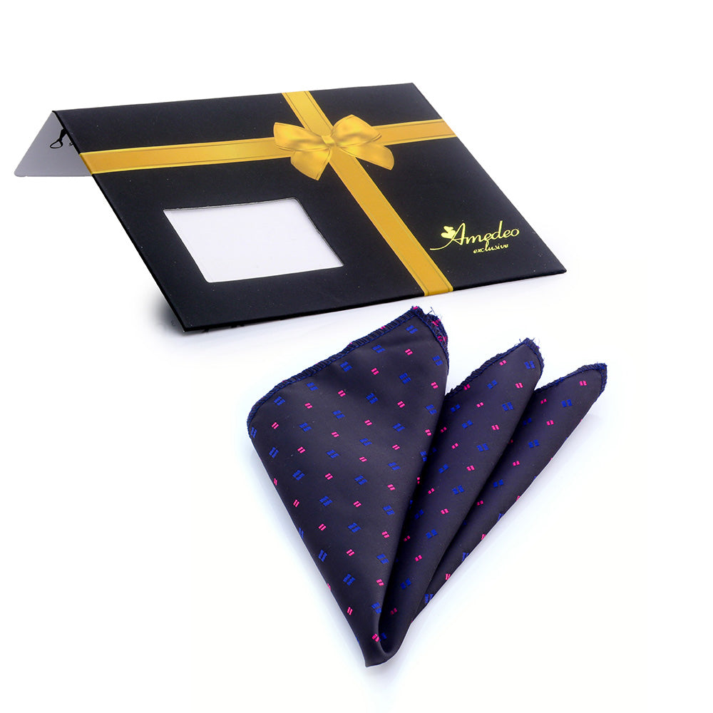 Men's Black with Metallic Blue & Pink Pocket Square Hanky Handkerchief - Amedeo Exclusive