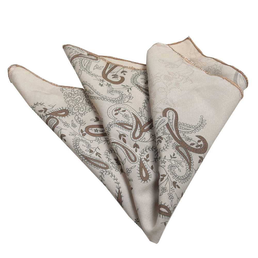 Men's Cream Paisley Pocket Square Hanky Handkerchief - Amedeo Exclusive