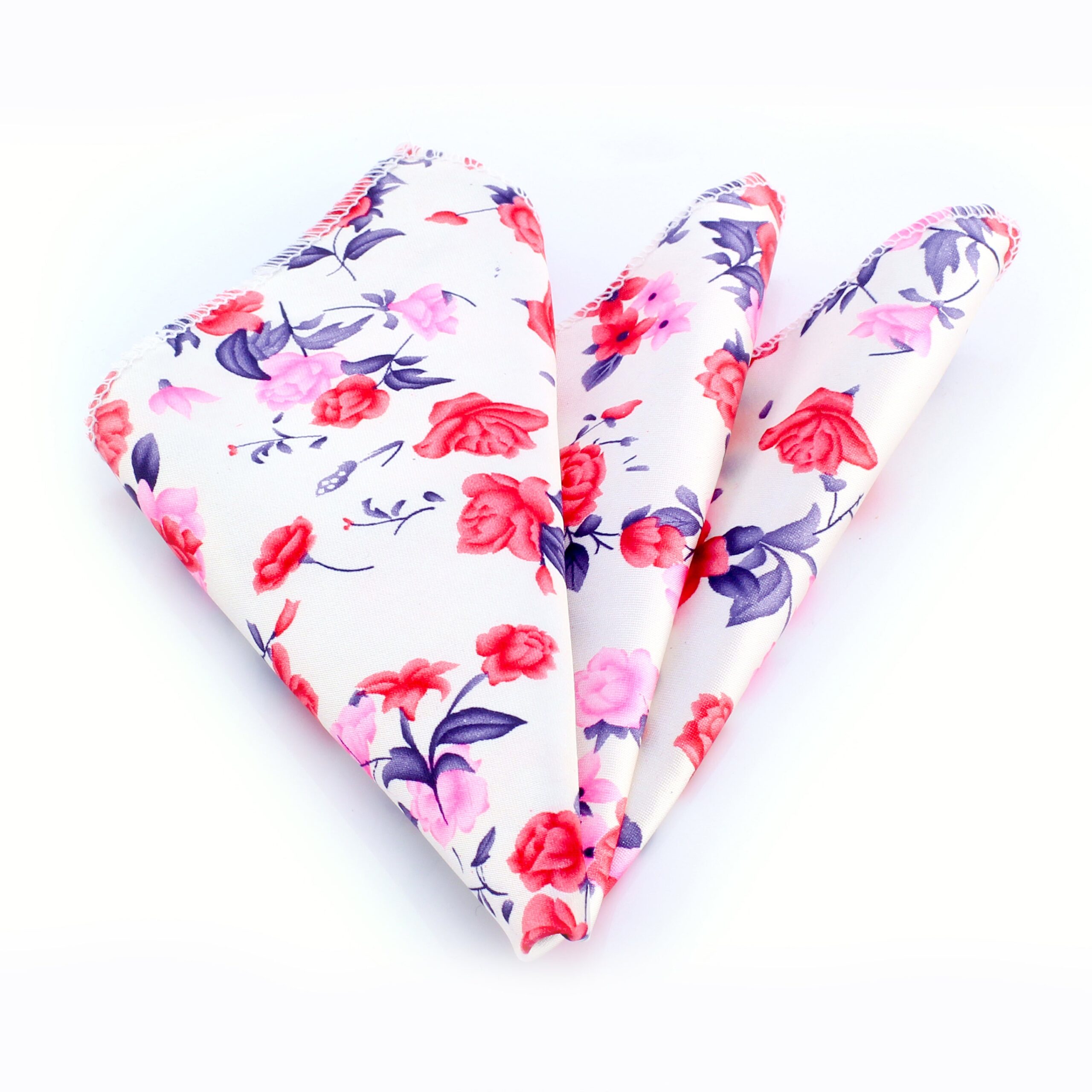 Men's White with Red & Pink Roses Pocket Square Hanky Handkerchief - Amedeo Exclusive