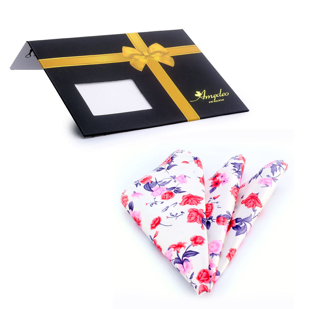 Men's White with Red & Pink Roses Pocket Square Hanky Handkerchief - Amedeo Exclusive