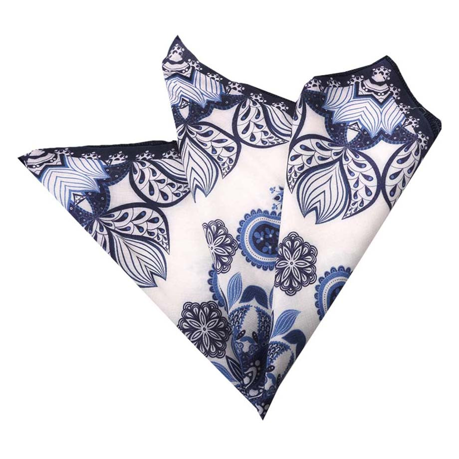 Men's Blue White Black Floral Pocket Square Hanky Handkerchief - Amedeo Exclusive