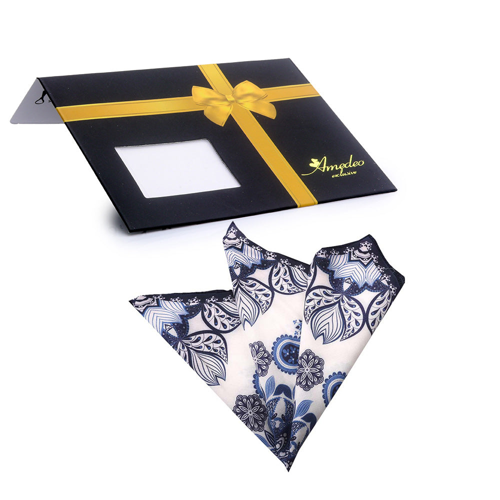 Men's Blue White Black Floral Pocket Square Hanky Handkerchief - Amedeo Exclusive