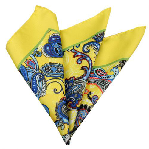 Men's Yellow Blue Red Paisley Pocket Square Hanky Handkerchief - Amedeo Exclusive