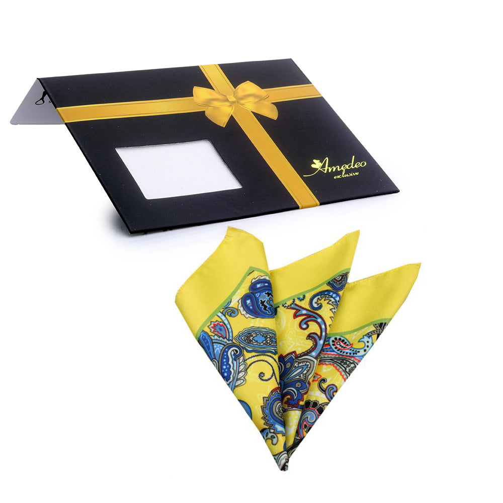 Men's Yellow Blue Red Paisley Pocket Square Hanky Handkerchief - Amedeo Exclusive