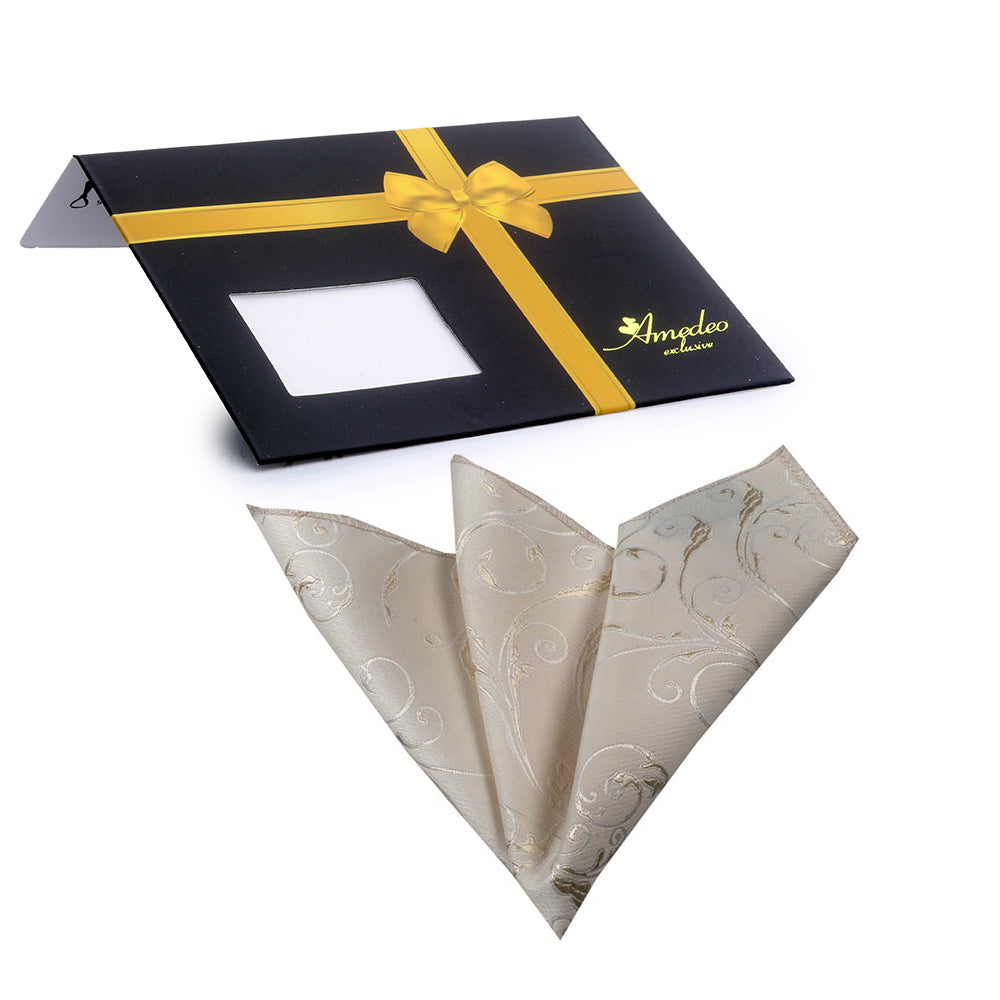 Men's Cream with Floral Pocket Square Hanky Handkerchief - Amedeo Exclusive