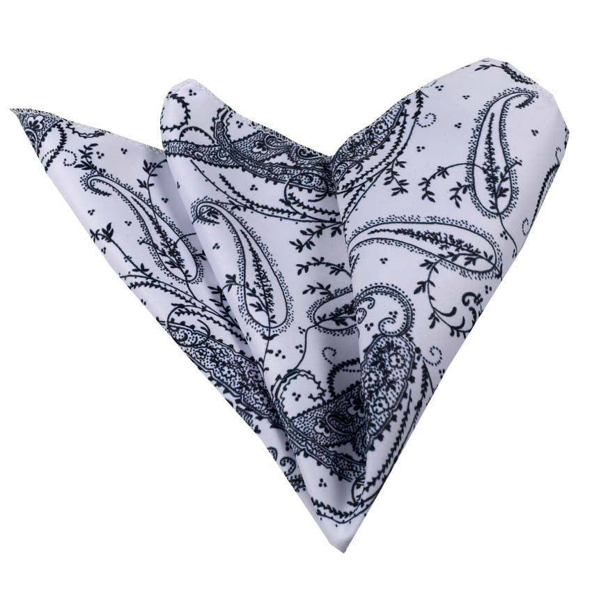 Men's White with Navy Blue Paisley Pocket Square Hanky Handkerchief - Amedeo Exclusive