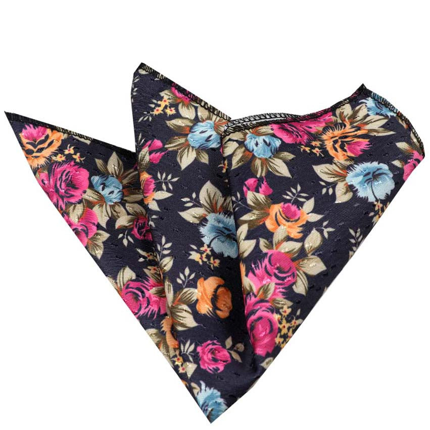 Men's Navy Blue with Flowers Pocket Square Hanky Handkerchief - Amedeo Exclusive