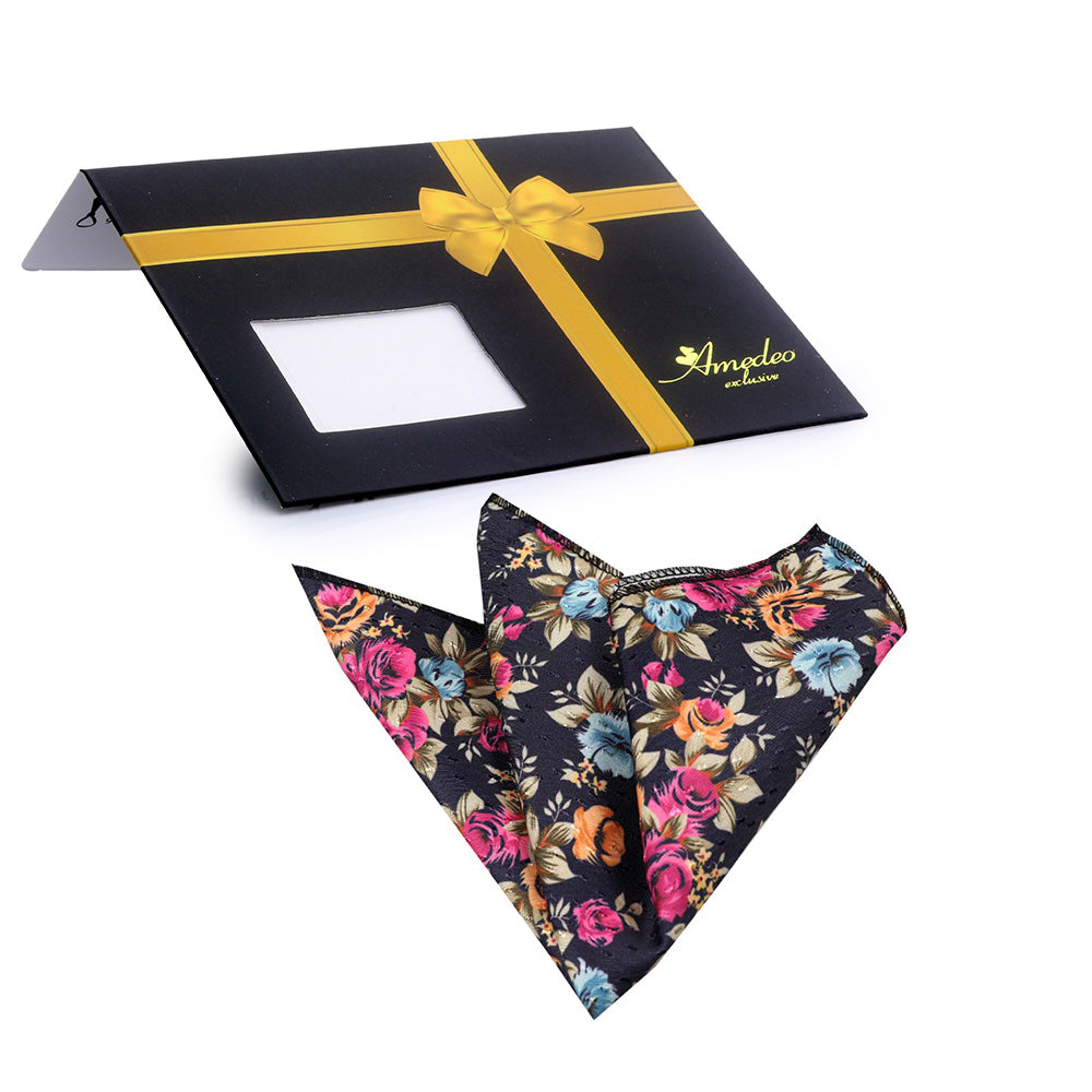 Men's Navy Blue with Flowers Pocket Square Hanky Handkerchief - Amedeo Exclusive