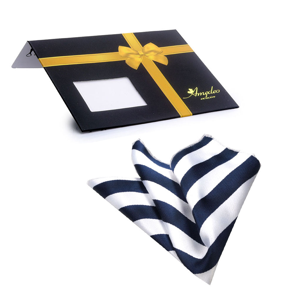 Men's White Blue Lines Pocket Square Hanky Handkerchief - Amedeo Exclusive