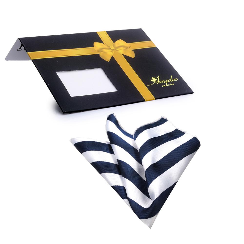 Men's Blue White Stripes Pocket Square Hanky Handkerchief - Amedeo Exclusive