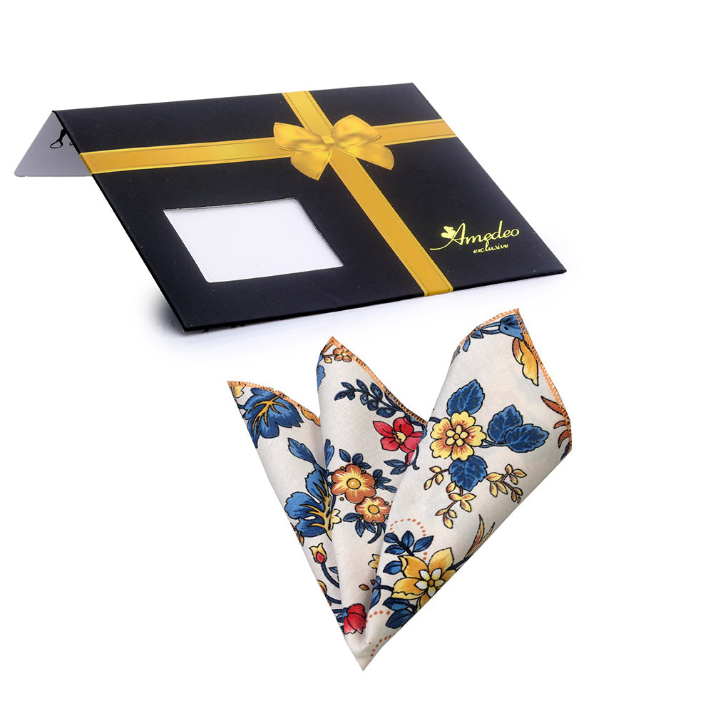Men's Multi color white floral Pocket Square Hanky Handkerchief - Amedeo Exclusive