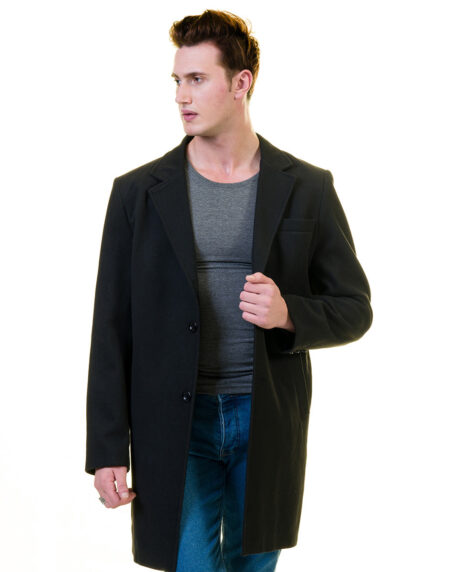 Men’s European Black Wool Coat Hooded Jacket Tailor fit Fine Luxury Quality Work and Casual