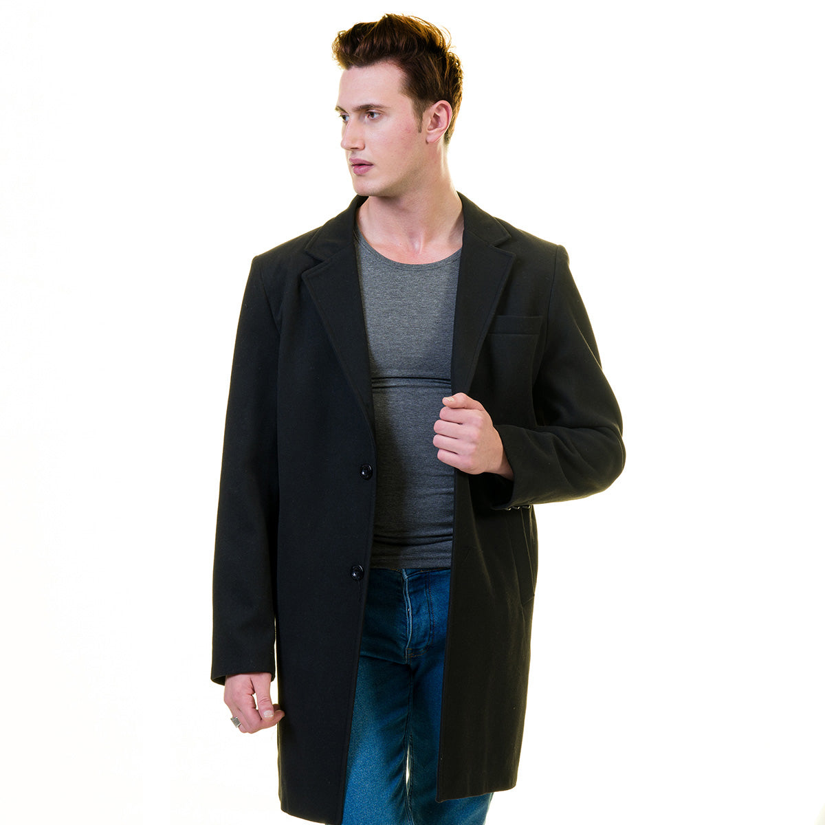 Men's European Black Wool Coat Hooded Jacket Tailor fit Fine Luxury Quality Work and Casual - Image 3