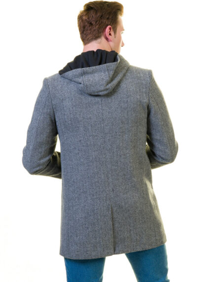 Men’s European Grey Wool Coat Hooded Jacket Tailor fit Fine Luxury Quality Work and Casual
