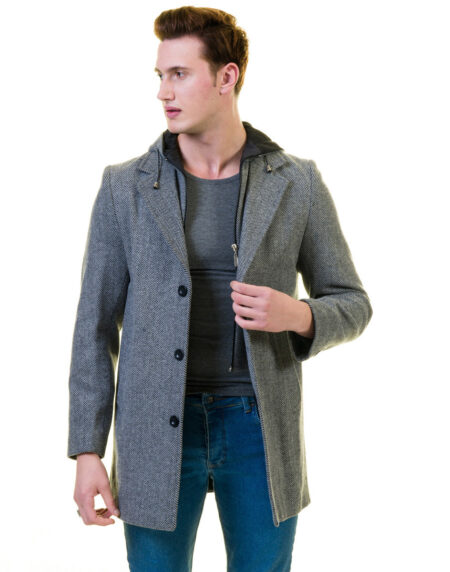 Men’s European Grey Wool Coat Hooded Jacket Tailor fit Fine Luxury Quality Work and Casual