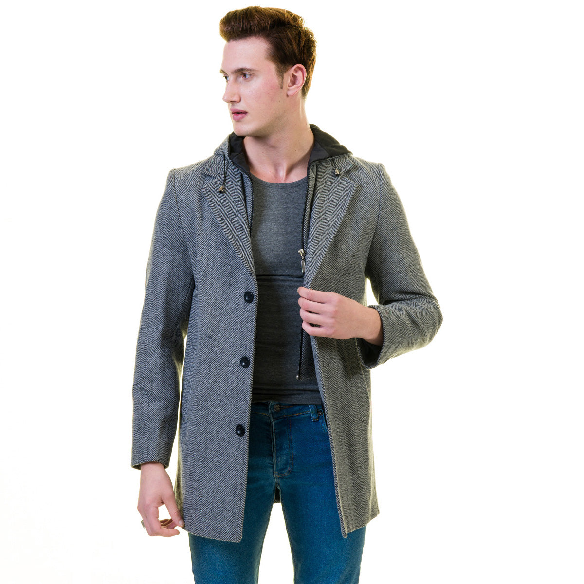 Men's European Grey Wool Coat Hooded Jacket Tailor fit Fine Luxury Quality Work and Casual - Image 6