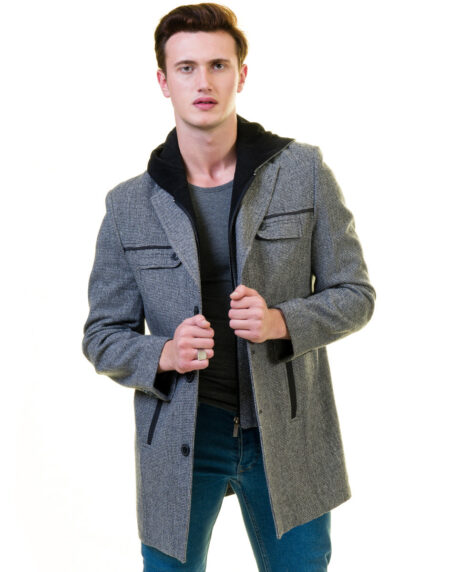 Men’s European Grey Wool Coat Hooded Jacket Tailor fit Fine Luxury Quality Work and Casual
