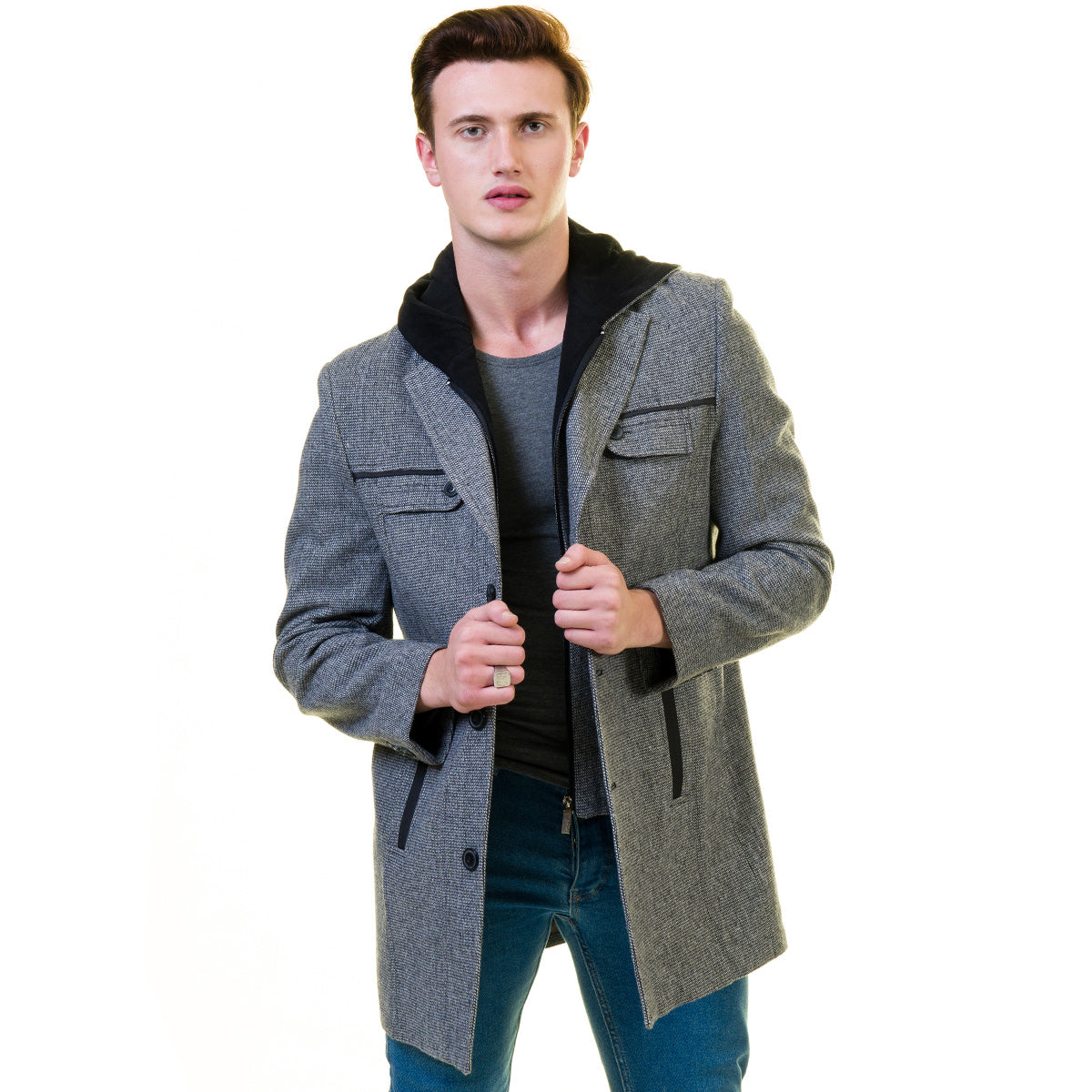 Men's European Grey Wool Coat Hooded Jacket Tailor fit Fine Luxury Quality Work and Casual - Image 3