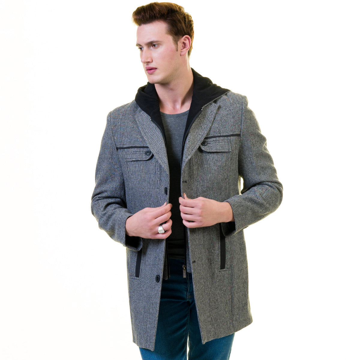 Men's European Grey Wool Coat Hooded Jacket Tailor fit Fine Luxury Quality Work and Casual - Image 2