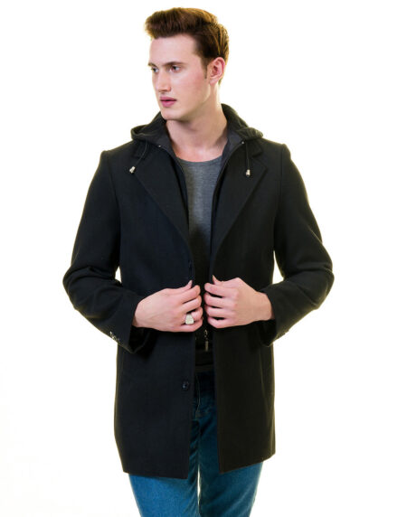 Men’s European Black Wool Coat Hooded Jacket Tailor fit Fine Luxury Quality Work and Casual