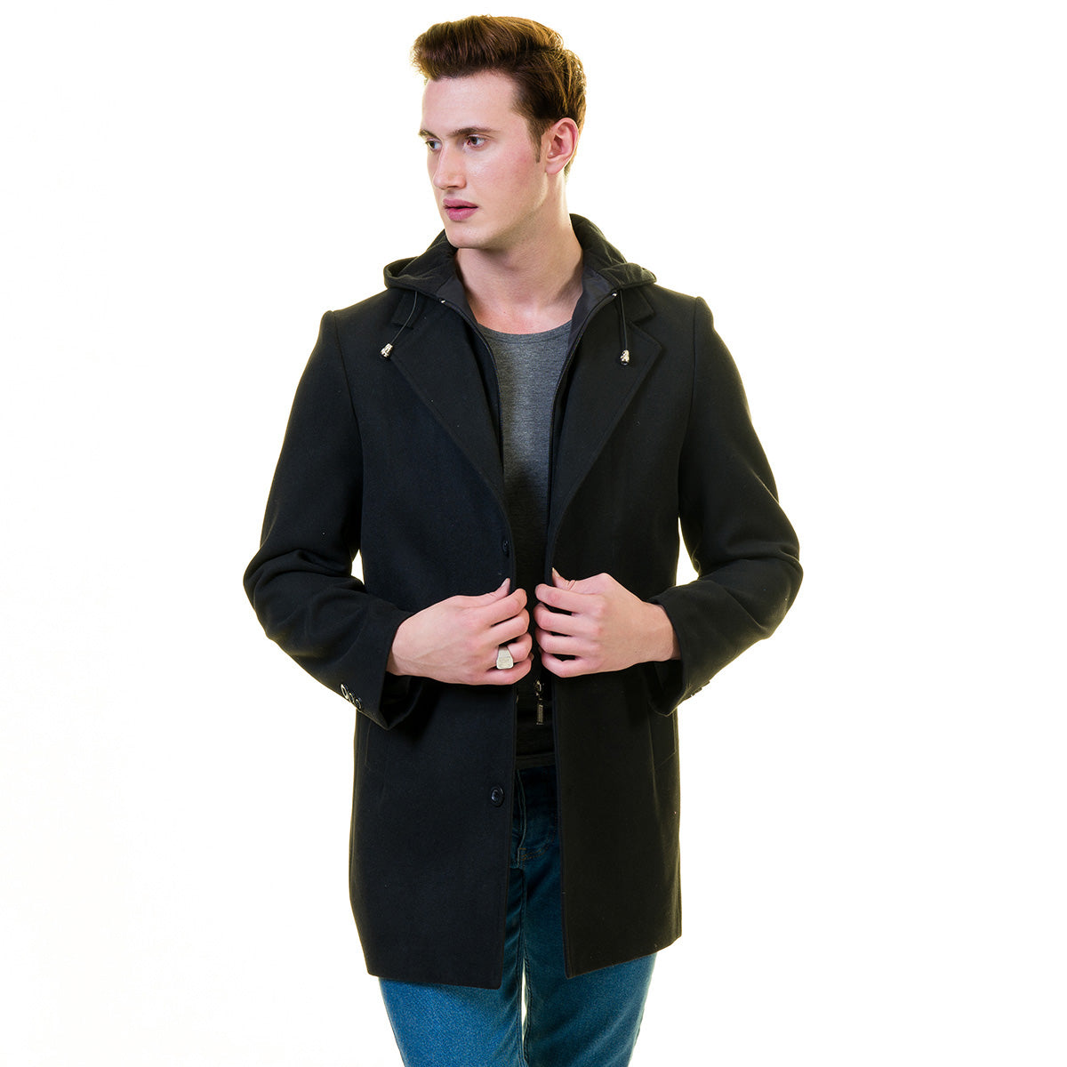 Men's European Black Wool Coat Hooded Jacket Tailor fit Fine Luxury Quality Work and Casual - Image 6