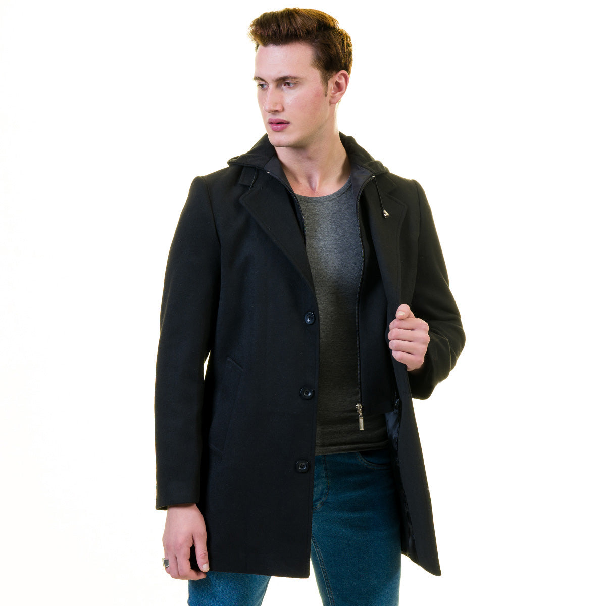 Men's European Black Wool Coat Hooded Jacket Tailor fit Fine Luxury Quality Work and Casual - Image 2