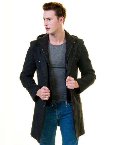 Men’s European Black Wool Coat Hooded Jacket Tailor fit Fine Luxury Quality Work and Casual