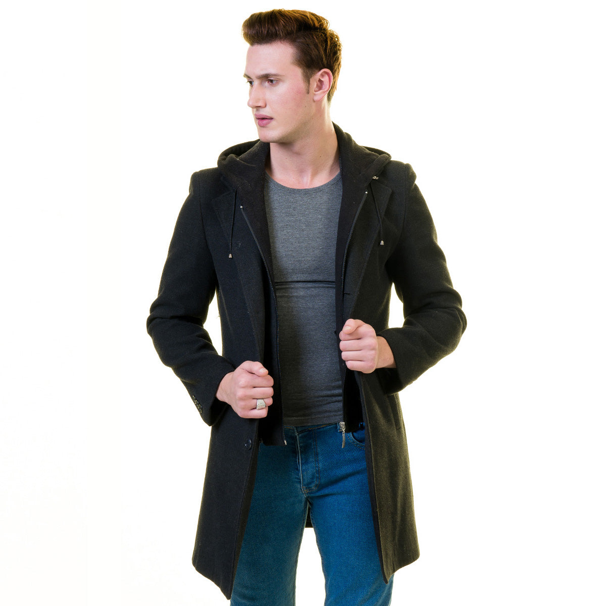 Men's European Black Wool Coat Hooded Jacket Tailor fit Fine Luxury Quality Work and Casual - Image 3