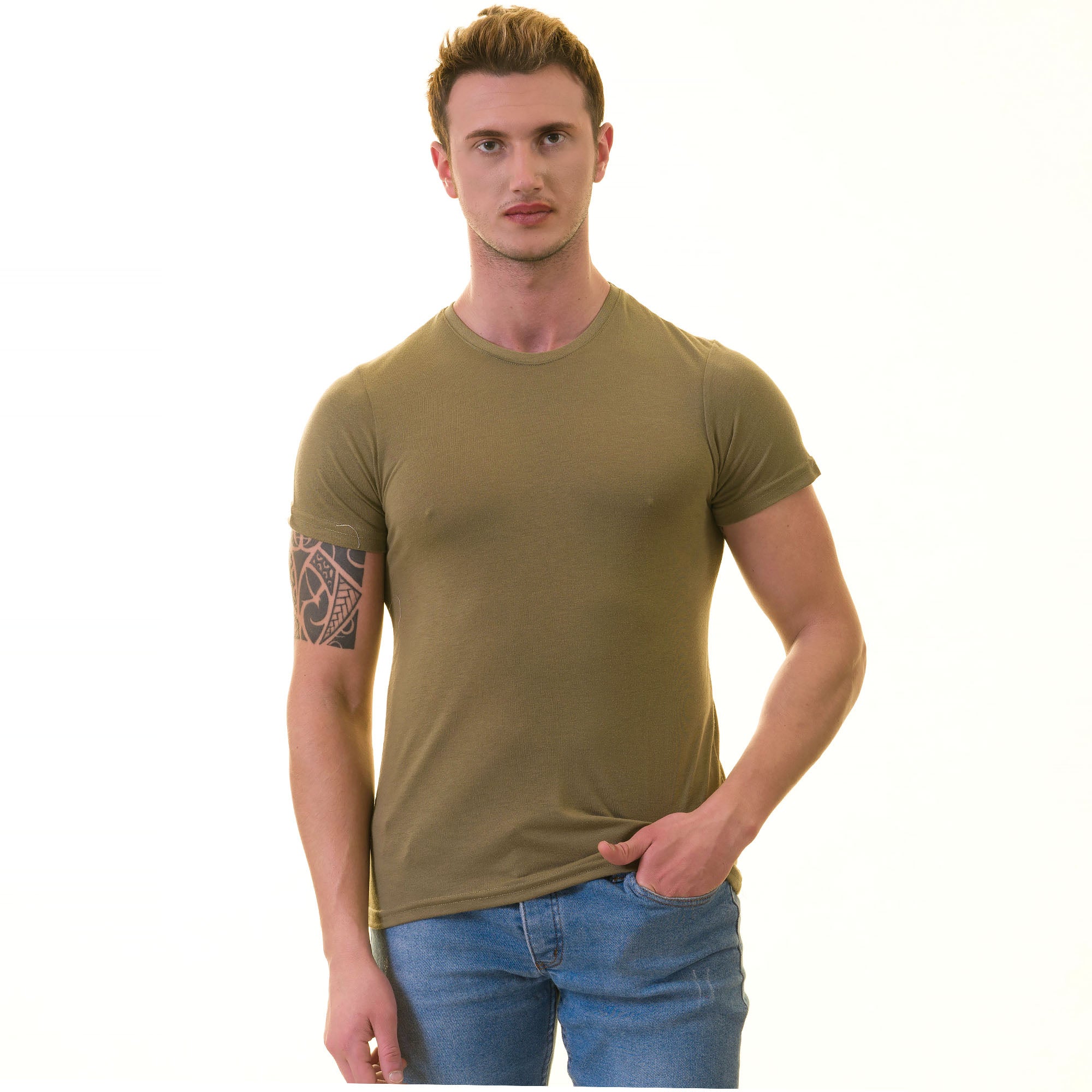 Olive European Made T-Shirt - Premium Cotton Crew Neck Short Sleeve T-Shirts - Image 5