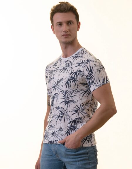 White Navy Floral Premium Crew Neck Short Sleeve T-Shirt – European Made