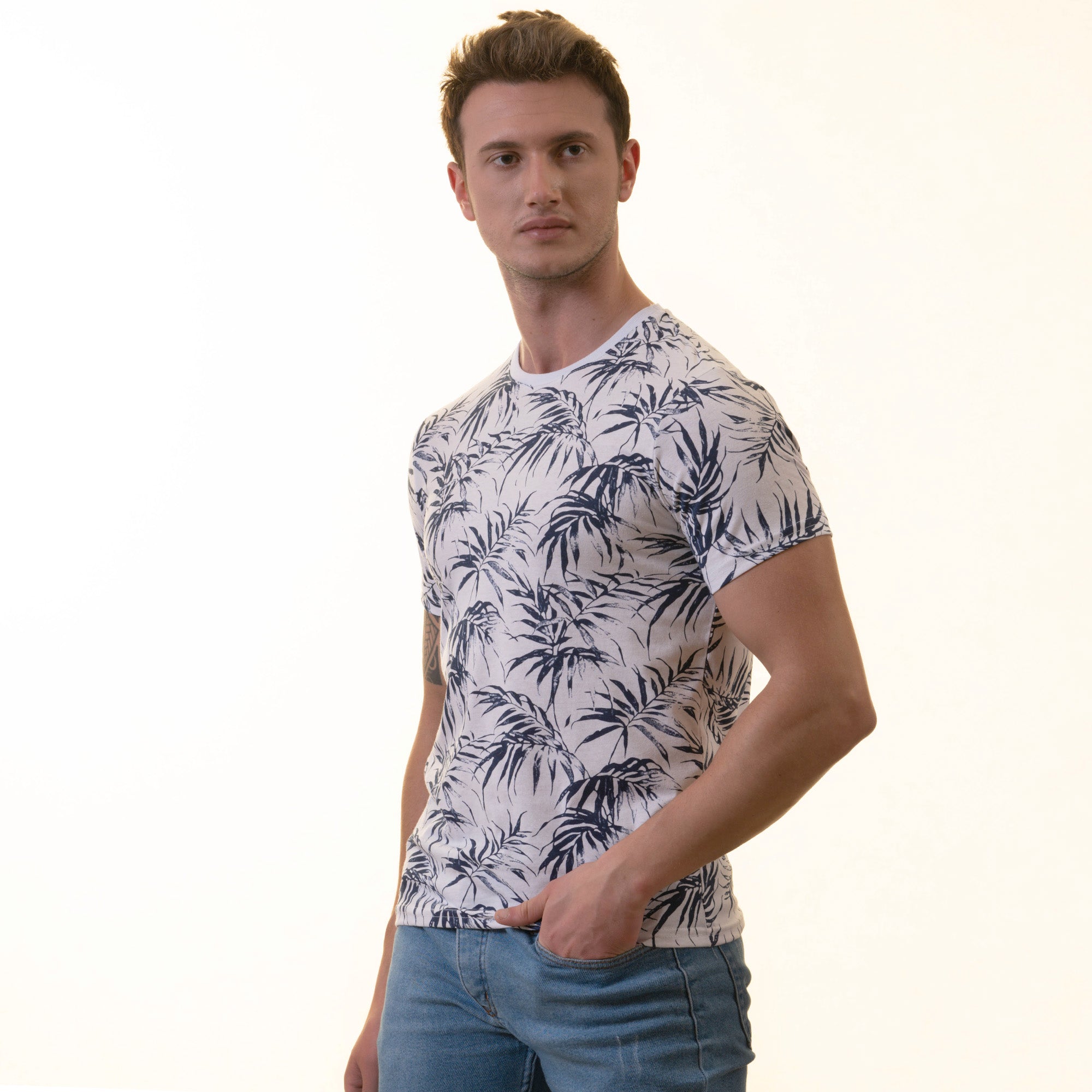 White Navy Floral Premium Crew Neck Short Sleeve T-Shirt - European Made - Image 4