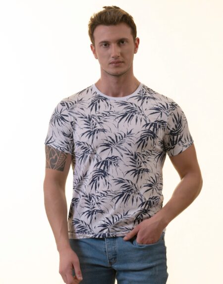White Navy Floral Premium Crew Neck Short Sleeve T-Shirt – European Made