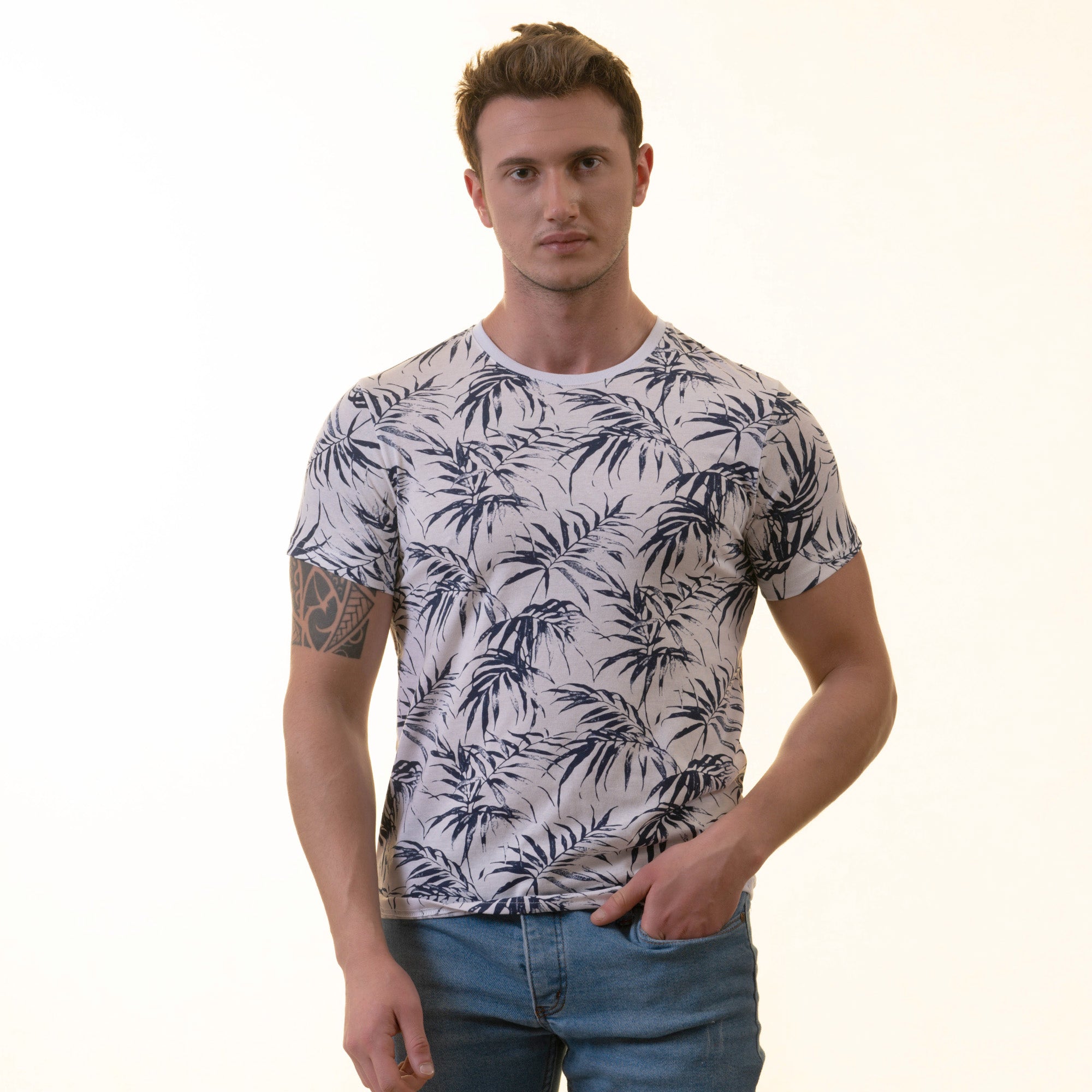 White Navy Floral Premium Crew Neck Short Sleeve T-Shirt - European Made - Image 3