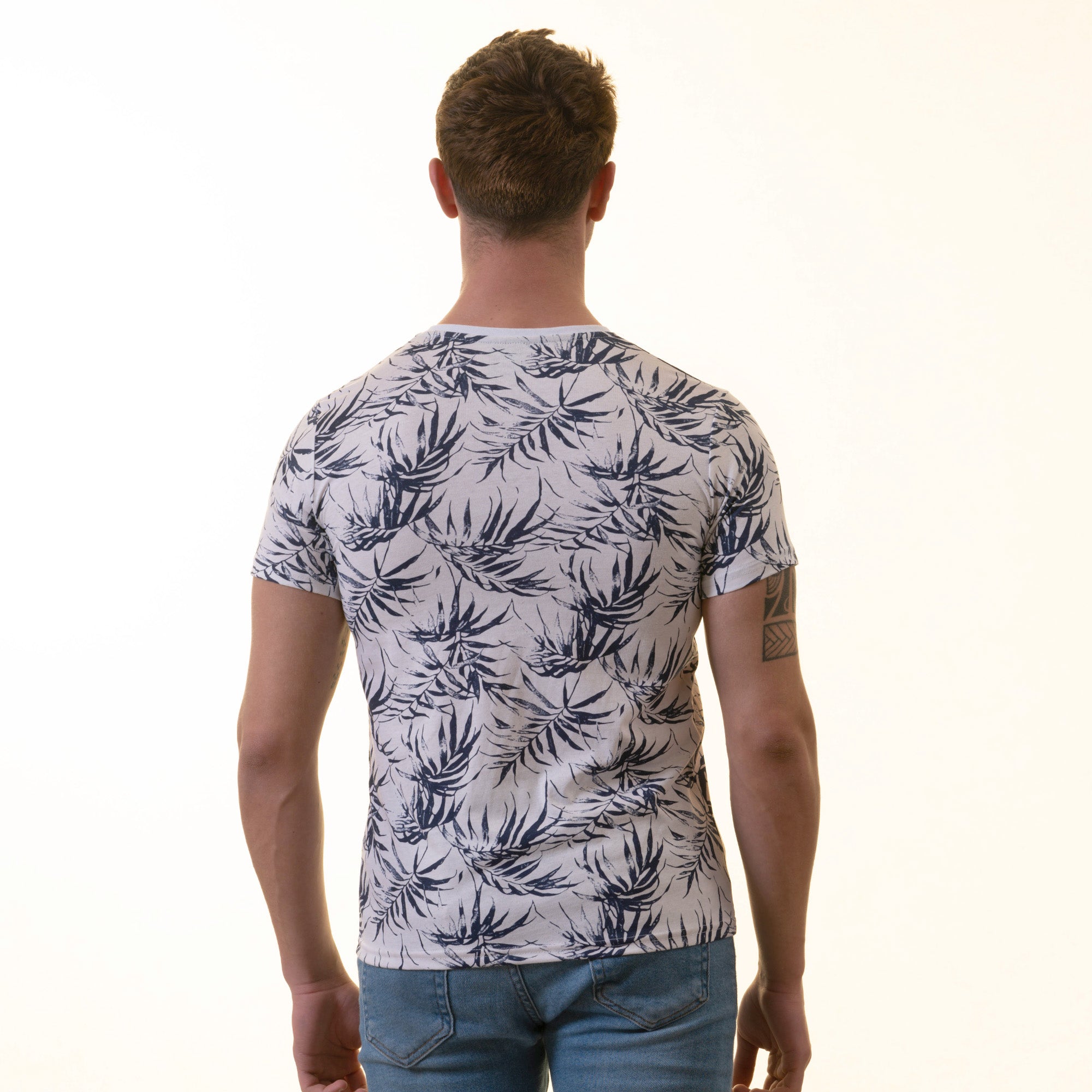 White Navy Floral Premium Crew Neck Short Sleeve T-Shirt - European Made - Image 5