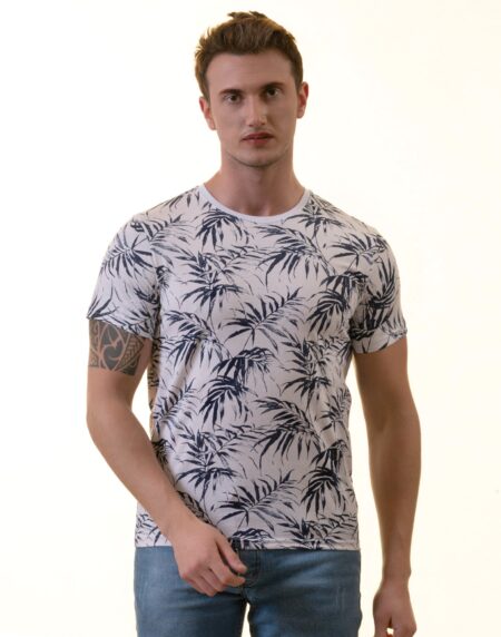 White Navy Floral Premium Crew Neck Short Sleeve T-Shirt – European Made