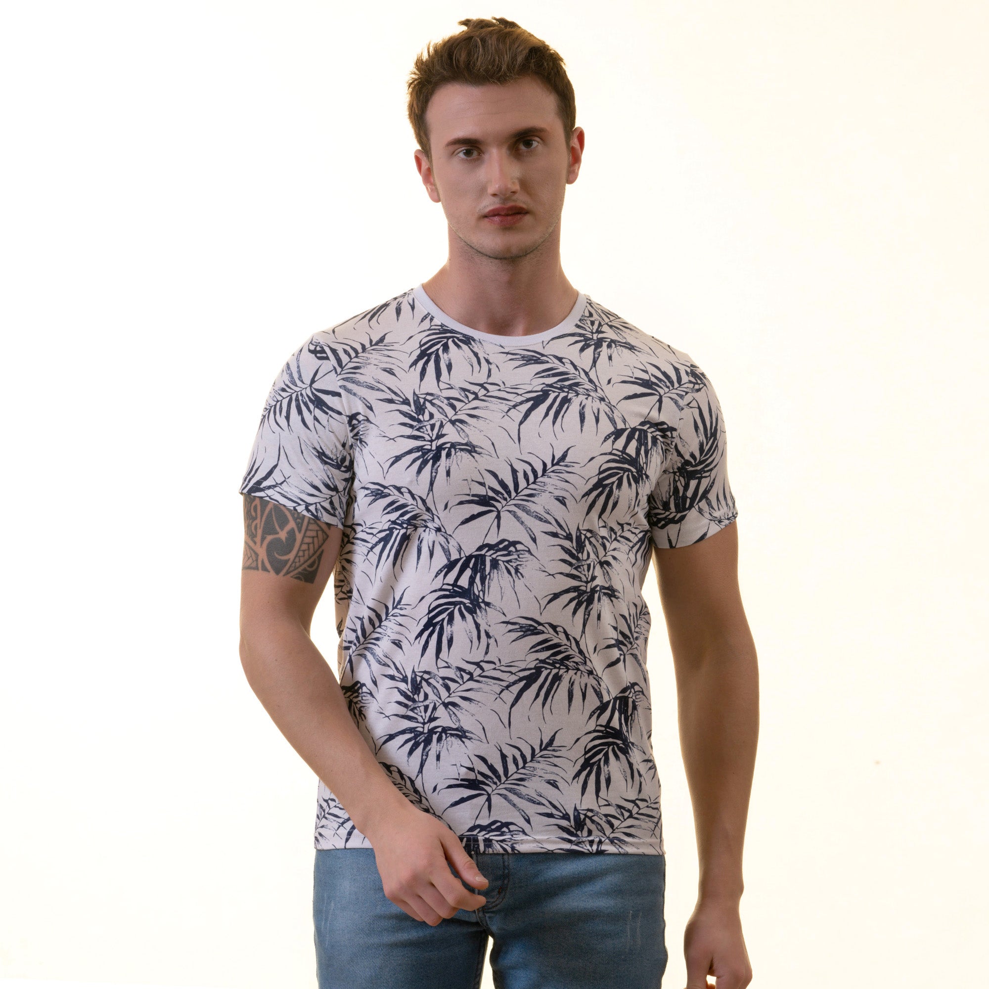 White Navy Floral Premium Crew Neck Short Sleeve T-Shirt – European Made
