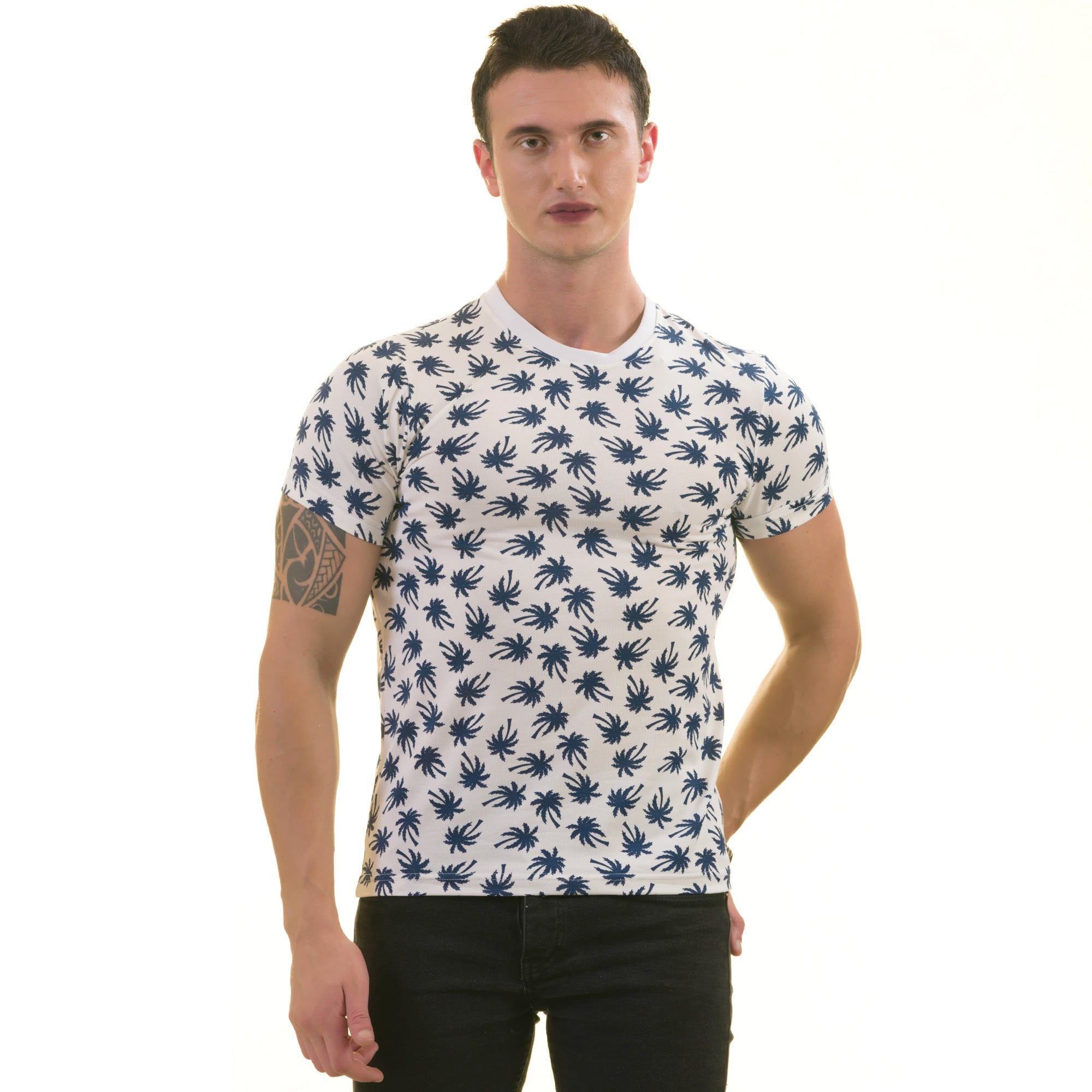 White Navy Palm Tree Premium T-Shirt for Men – European Made Crew Neck