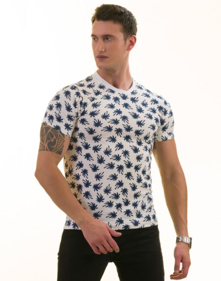 White Navy Palm Tree Premium T-Shirt for Men – European Made Crew Neck