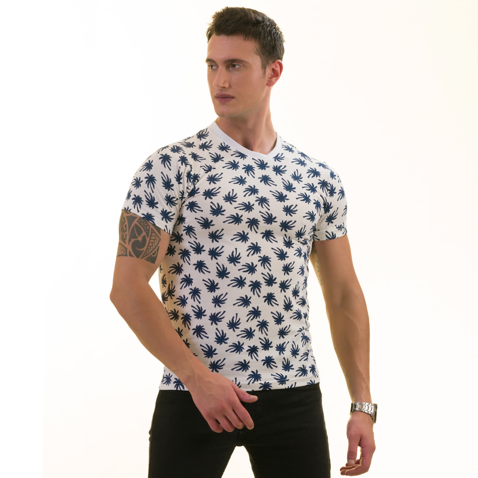 White Navy Palm Tree Premium T-Shirt for Men - European Made Crew Neck - Image 3