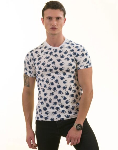 White Navy Palm Tree Premium T-Shirt for Men – European Made Crew Neck