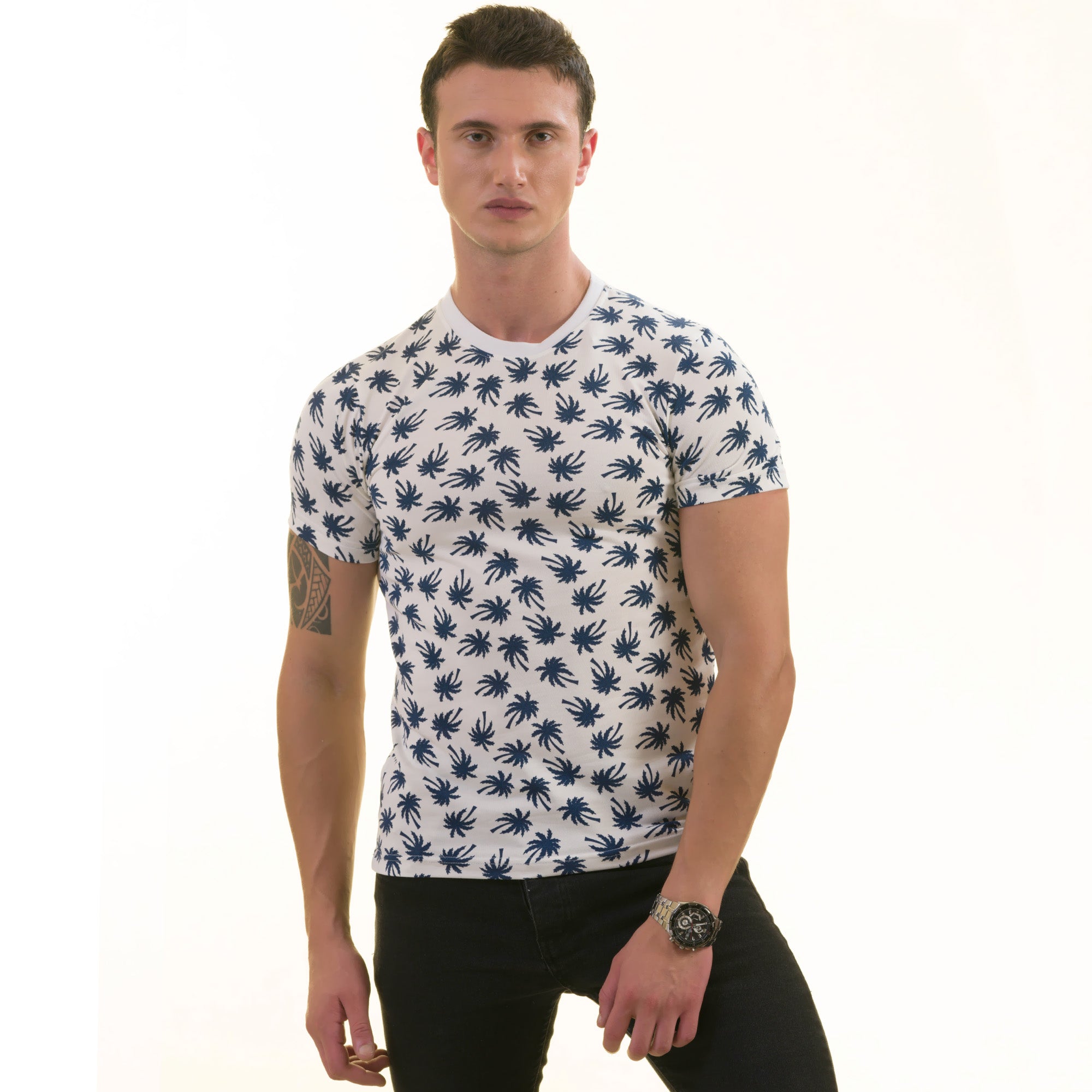 White Navy Palm Tree Premium T-Shirt for Men - European Made Crew Neck - Image 4