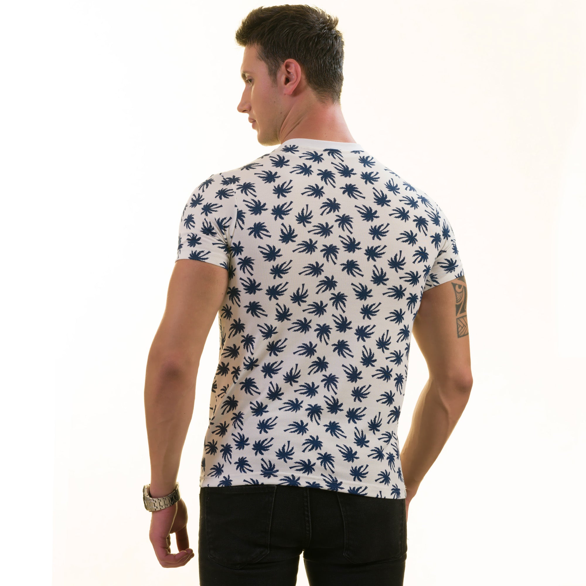White Navy Palm Tree Premium T-Shirt for Men - European Made Crew Neck - Image 5