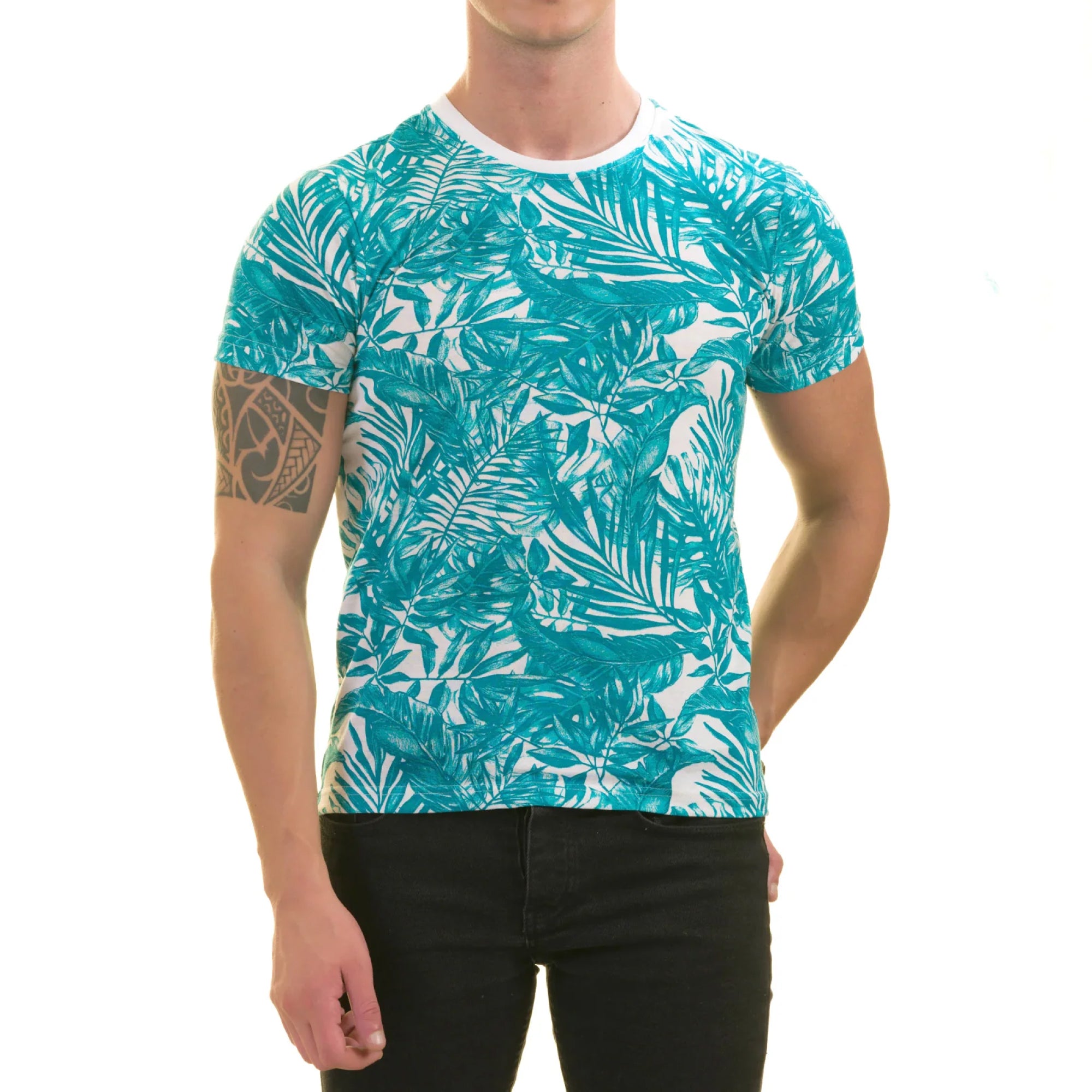Blue Leaves Printed Premium T-Shirt for Men – European Made Crew Neck