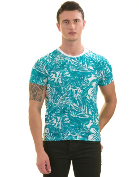 Blue Leaves Printed Premium T-Shirt for Men – European Made Crew Neck