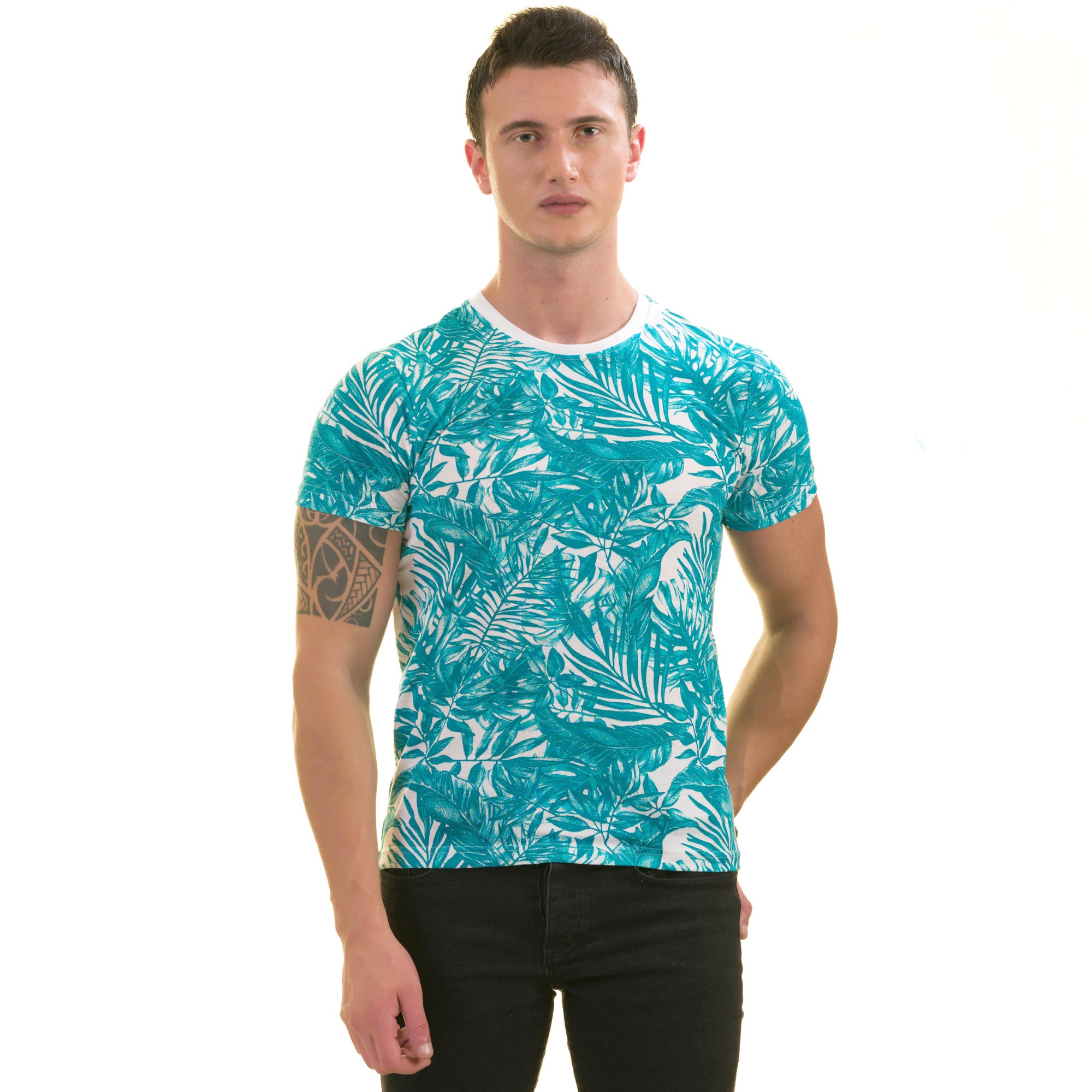 Blue Leaves Printed Premium T-Shirt for Men - European Made Crew Neck - Image 3