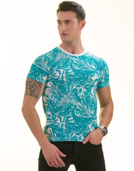 Blue Leaves Printed Premium T-Shirt for Men – European Made Crew Neck